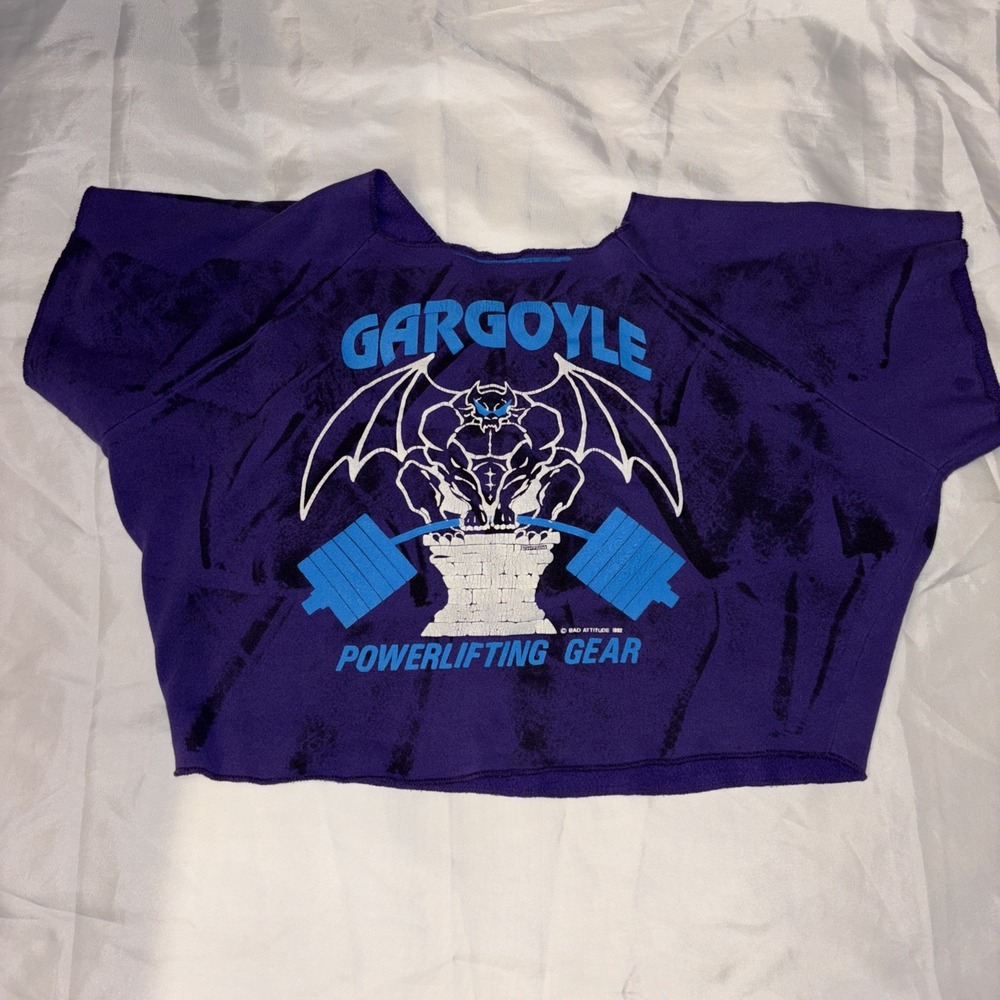 VTG 90s Bad Attitude Gargoyle Powerlifting Gear Cropped Cutoff Sweatshirt RARE
